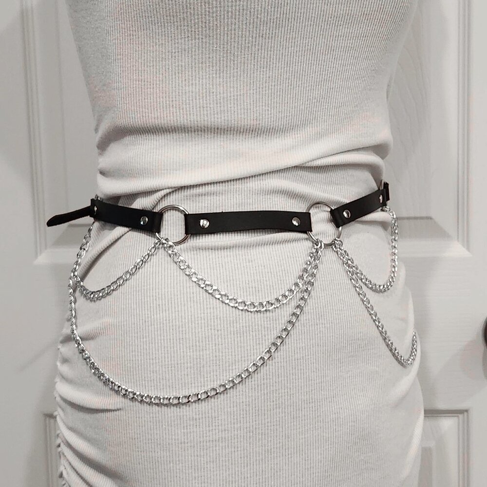 Fake leather belt with chains and small hoops size 27" to 35"